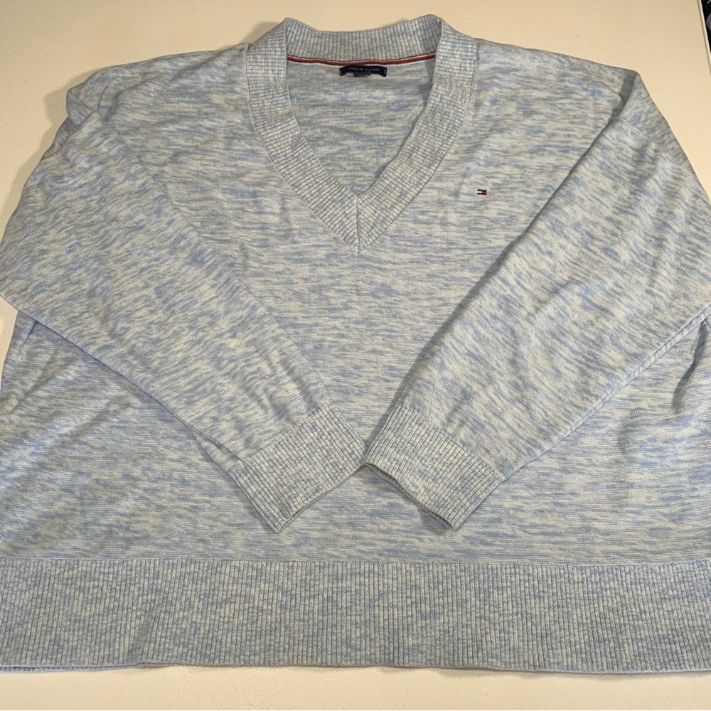 TOMMY HILFIGER V NECK LONG SLEEVE SWEATER WOMENS XL‎ HEATHERED BLUE